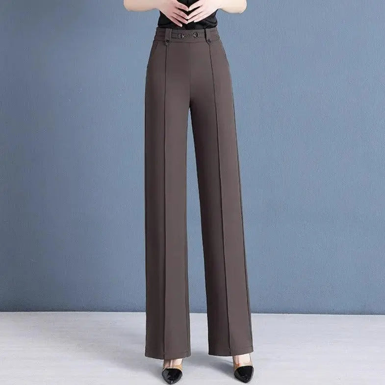 [Pague 3, Leve 5] Calças Femininas Living de Cintura Alta com Botões Frontais em Poliéster e Seda Gelo