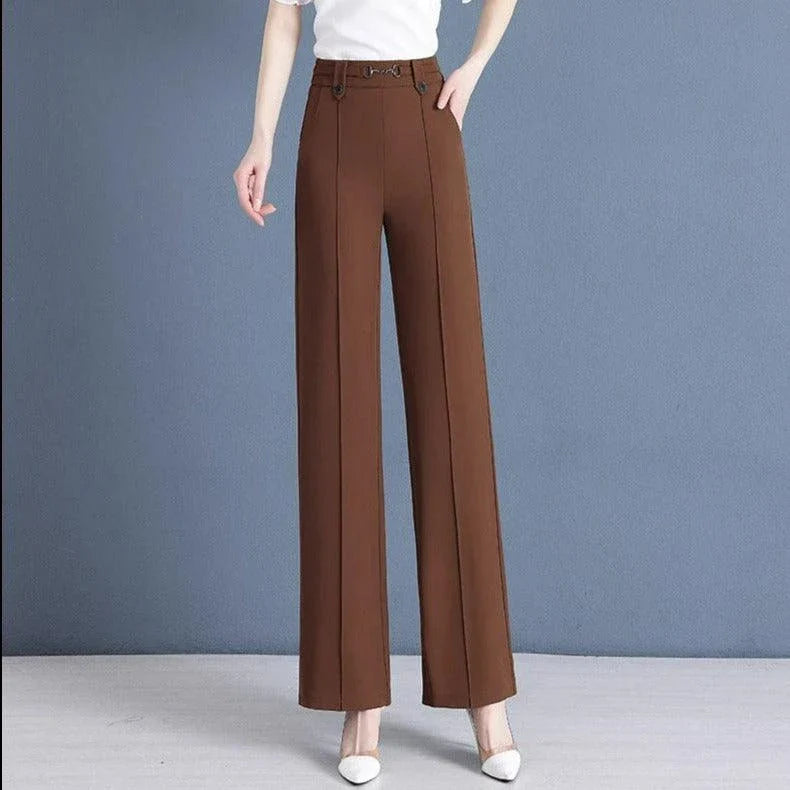 [Pague 3, Leve 5] Calças Femininas Living de Cintura Alta com Botões Frontais em Poliéster e Seda Gelo