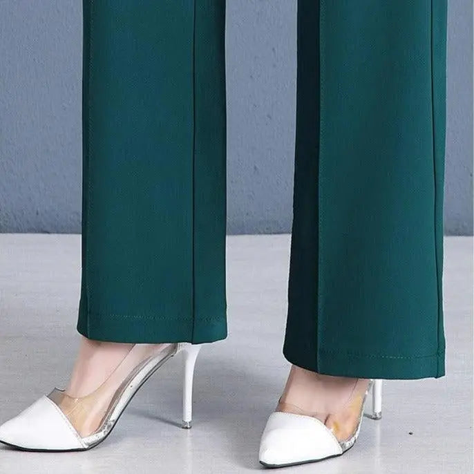 [Pague 3, Leve 5] Calças Femininas Living de Cintura Alta com Botões Frontais em Poliéster e Seda Gelo